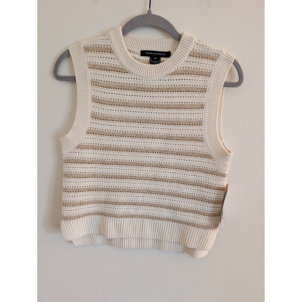 French Connection Ivory Gold Metallic Striped Sleeveless Sweater Vest XS NWT